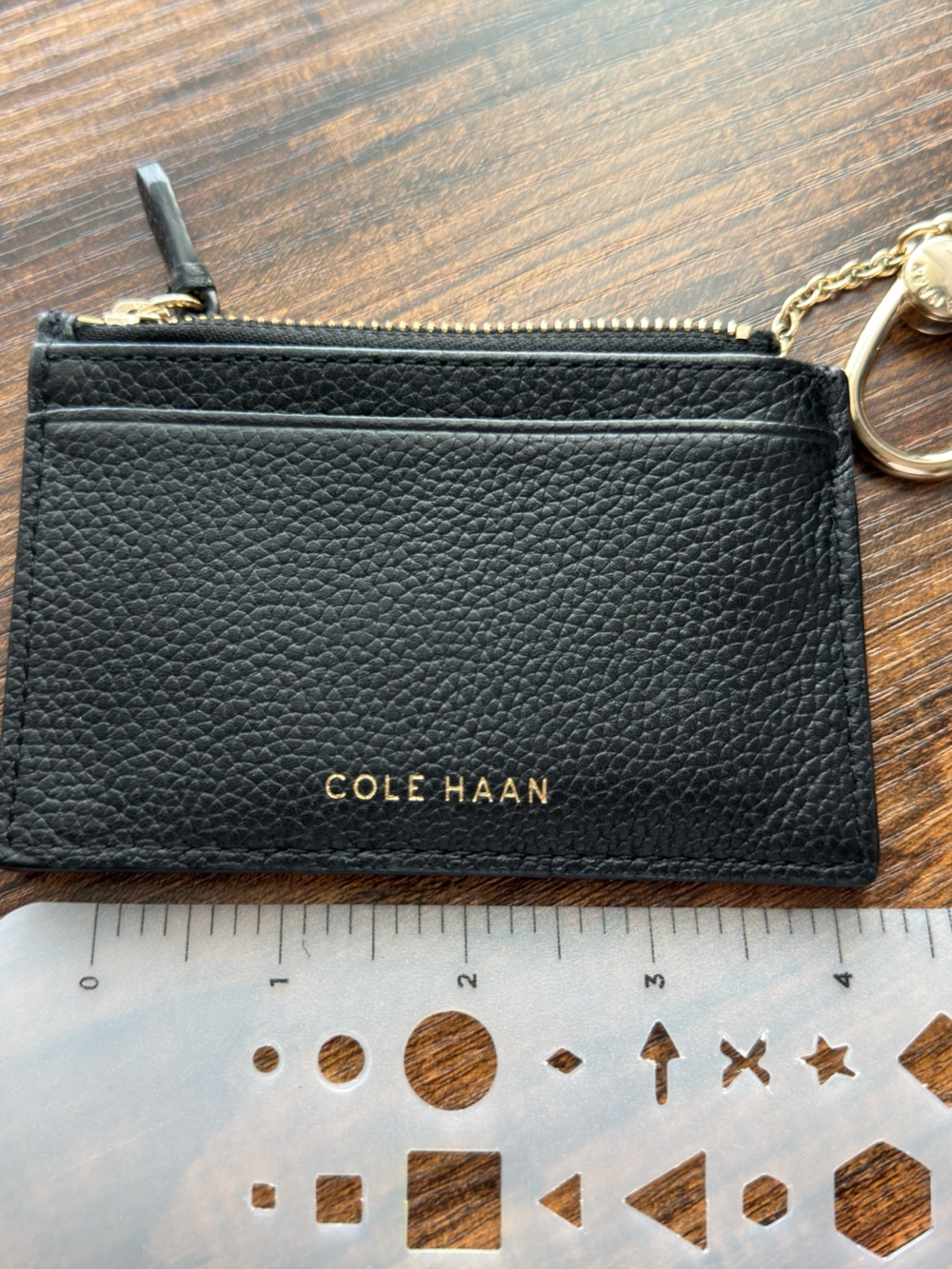Cole Haan Black Pebbled Leather Zip Card Holder Wallet Key Clip - Picture 3 of 4